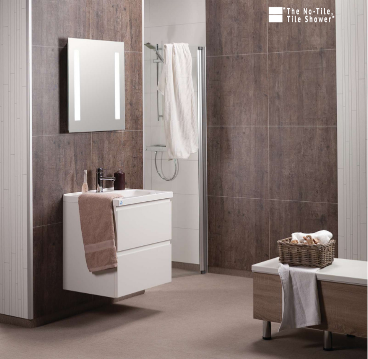 large format faux tile laminated wall panels | Innovate Building Solutions | #LargeTile #NoTileShower #GroutFreeTile