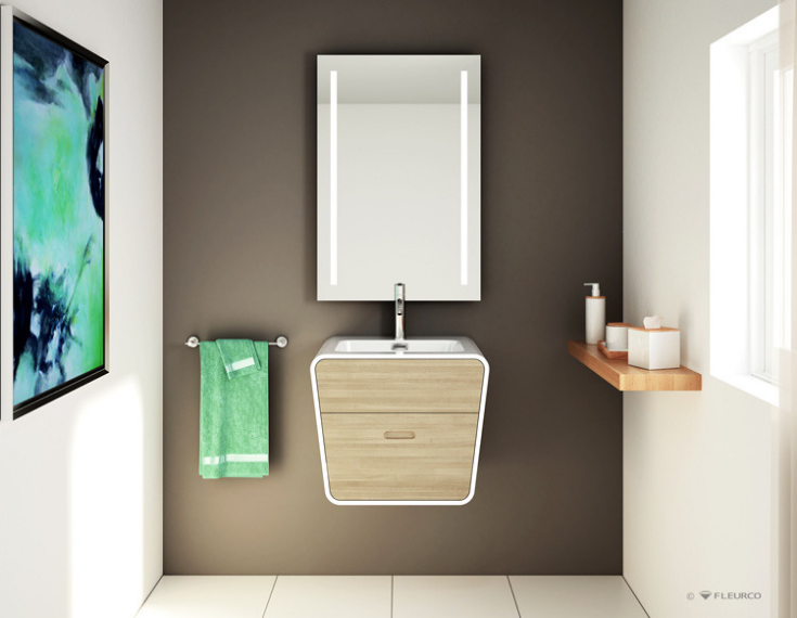 see large format tiles with a floating vanity cabinet | Innovate Building Solutions | #VanityCabinet #FloatingVanity #LargeTiles #SmallBathroomDesign