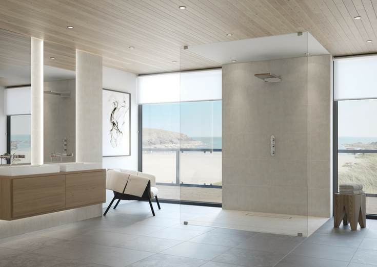 Contemporary one level wet room system | Innovate Building Solutions | #OneLevelShower #ContemporaryShower #BathroomRemodel #RollInShower