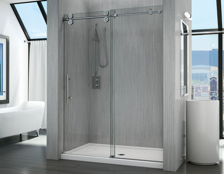Low profile acrylic corner shower pan | Innovate Building Solutions | #LowProfile #AcrylicShowerBase #BathroomRemodelCheap #InnovateBuilding