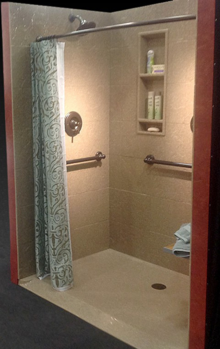 Ramped cultured marble shower pan option | Innovate Building Solutions | #BathroomProducts #MarbleShower #GraniteShowerPan #CulturedMarble