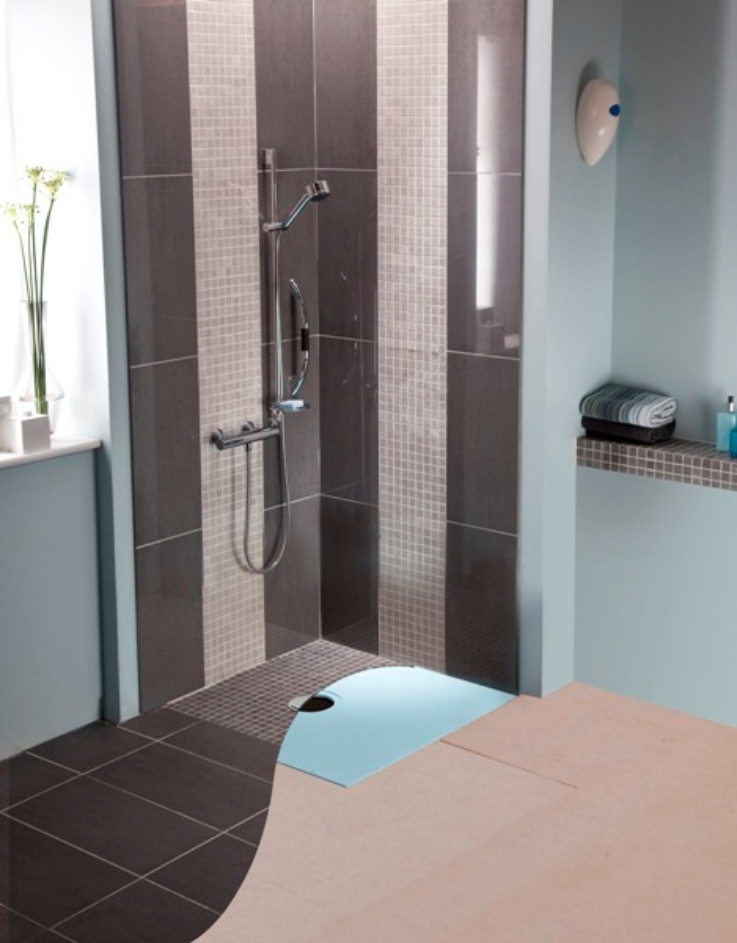 נוף לחתך של חדר רטוב ברמה אחת עם בסיס לשעבר | פתרונות לבניין חדשניים | #OneleVelshower #rollinshower #BathroomRemodeling