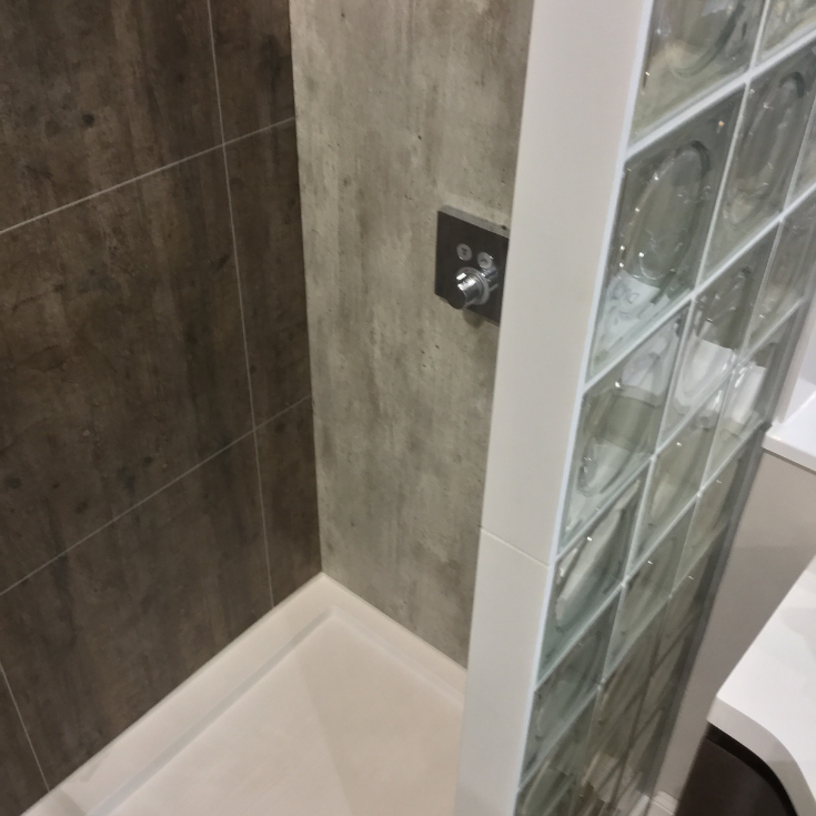 Glass blocks with laminated shower wall panels | Innovate Building Solutions | #glassblockshower #laminateshowerpanels #showerwallpanels