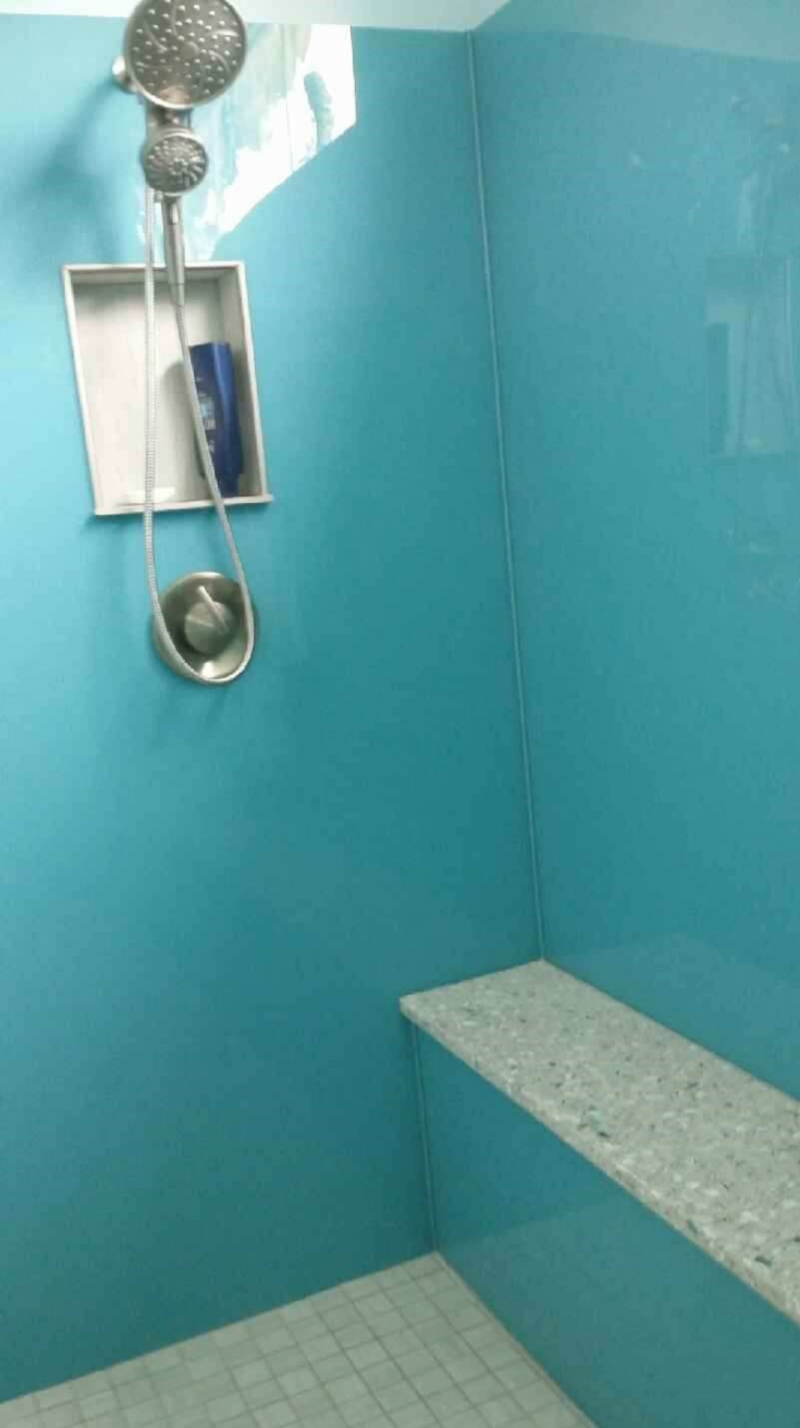 High gloss acrylic wall panels in a light blue color | Innovate Building Solutions | #AcrylicPanels #EasyToInstall