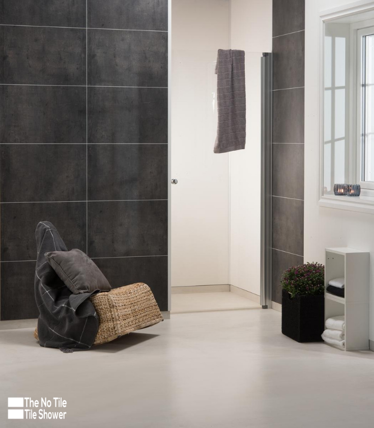 Laminated wall panels in a dark brown tile look | Innovate Building Solutions | #LaminateWallPanels #ShowerWallPanels #DIYBathroomRemodel