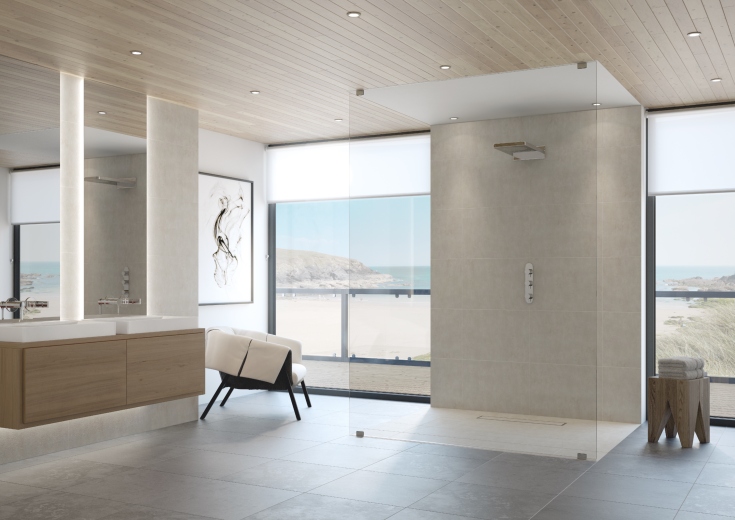 Ducha lineal con vista al mar | Innovate Building Solutions | #LinearDrain #ShowerBathroom #BathroomRemodeling