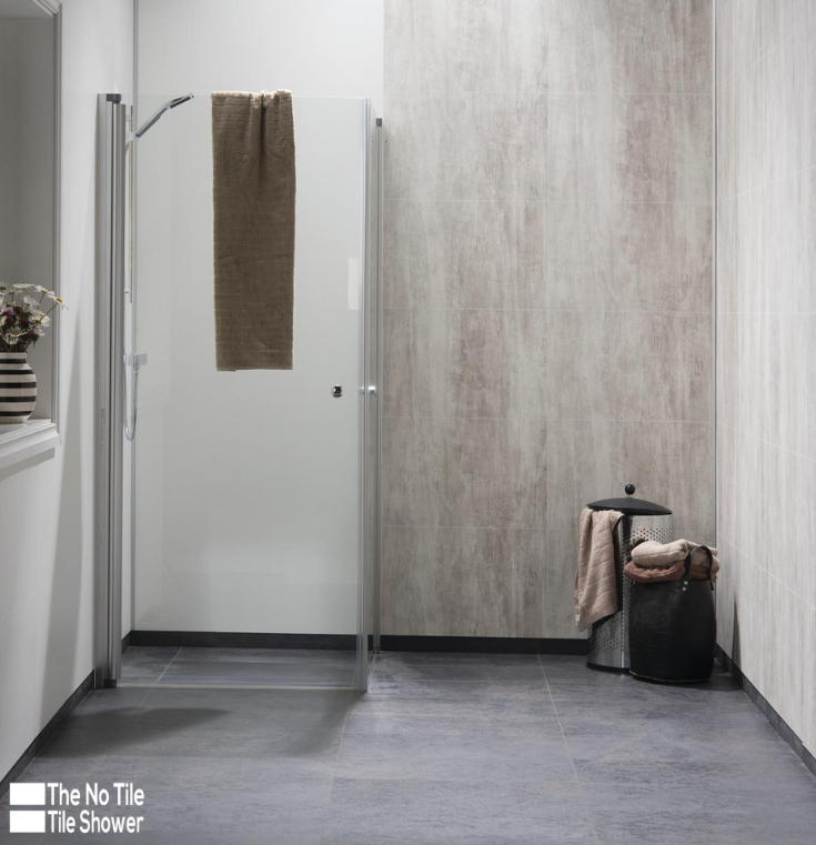 Modern Farmhouse laminate Shower Wall Panels Abbey Shale | Innovate Building Solutions | #FarmhouseDesign #LaminateWallPanels #ShowerWallPanels