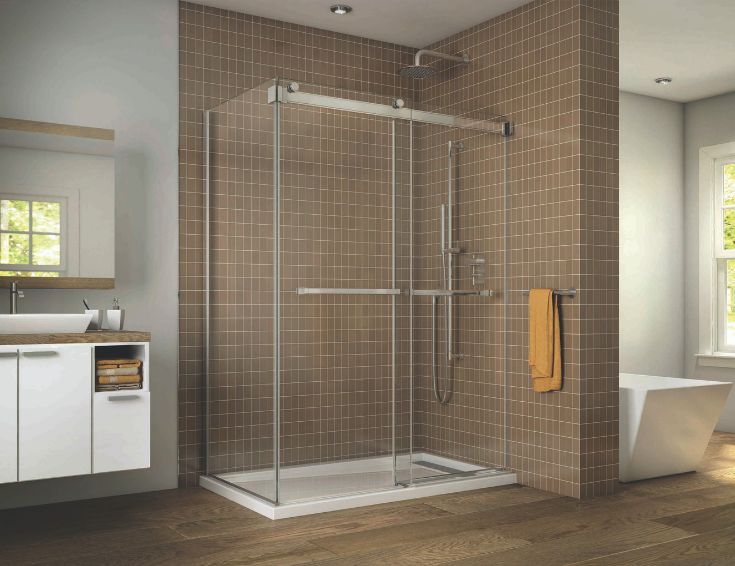 Linear drain in a contemporary acrylic shower pan with drain on side | #ContemporaryBathroom #BathroomIdeas #ShowerPan #ShowerDrain
