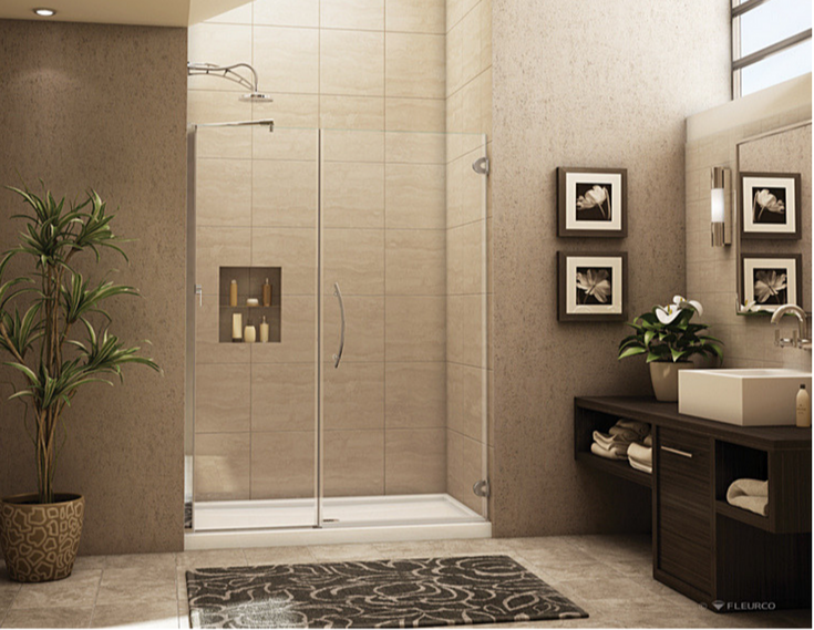 Low profile acrylic shower pan with a pivoting door | Innovate Building Solutions | #LowProfilePan #ShowerBase #AcrylicShowerPan #BathroomRemodelingTips