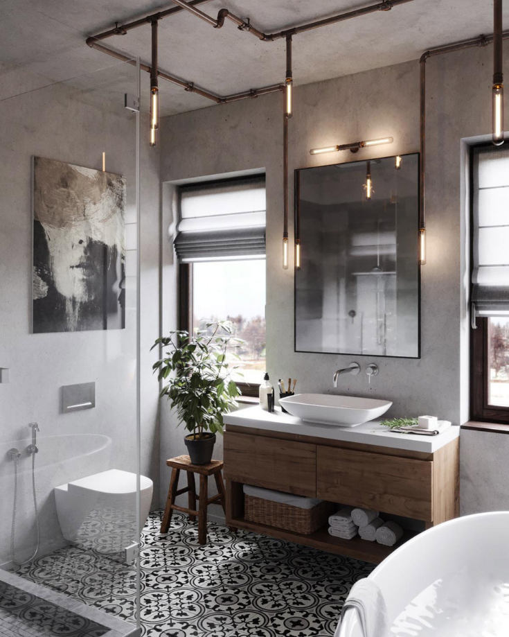 Wall hung industrial farmhouse bathroom | Innovate Building Solutions | #WallHungVanity #ShowerDesign #BathroomIdeas