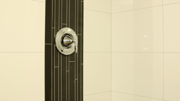 Decorative accent black vertical - White contemporary high gloss with joints | Innovate Building Solutions | #DecorativeAccent #BathroomRemodeling #BlackVertical #ShowerDesign