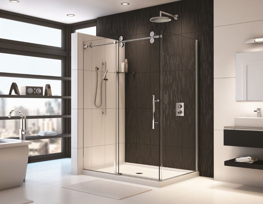 Flex pan corner shower with tiling flange on 2 sides | Innovate Building Solutions | #FlexPan #BathroomRemodel #ShowerEnclosure