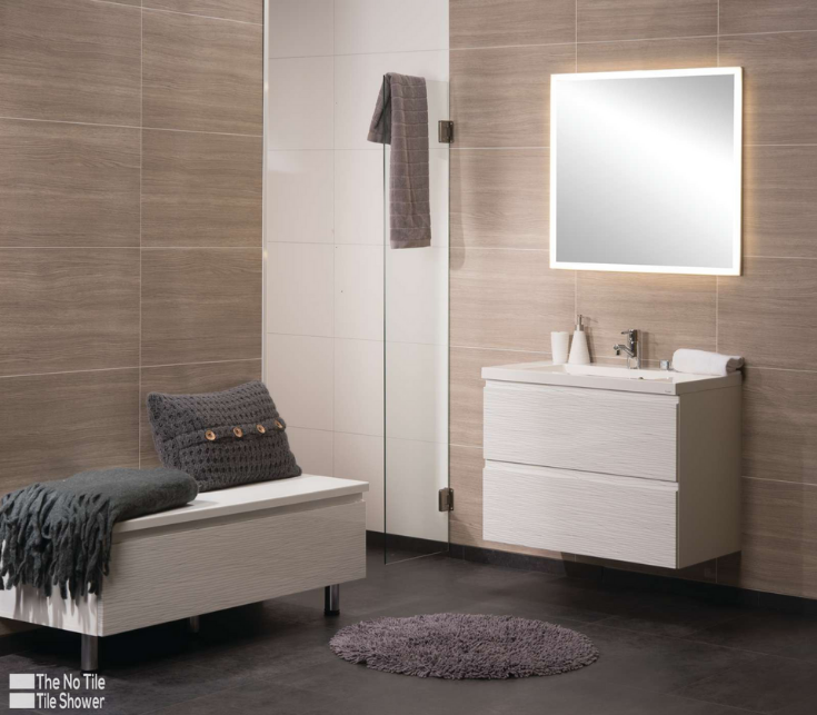 Laminate large format faux tile sizes in laminated wall panels | Innovate Building Solutions | #LaminatePanels #NoGrout #TileShower #BathroomRemodeling