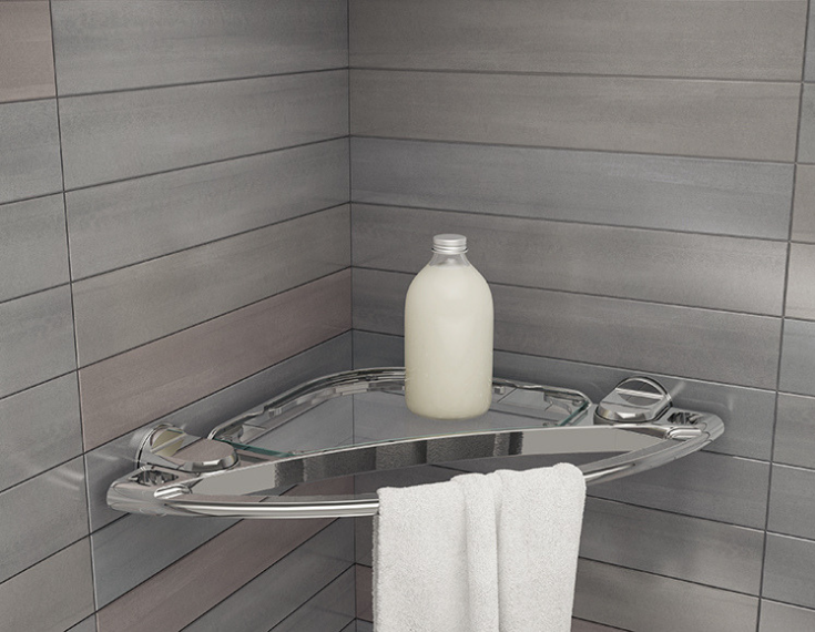 Contemporary shower accessories a corner soap dish | Innovate Building Solutions | #BathroomRemodeling #ShowerWallPanels #soupholder 