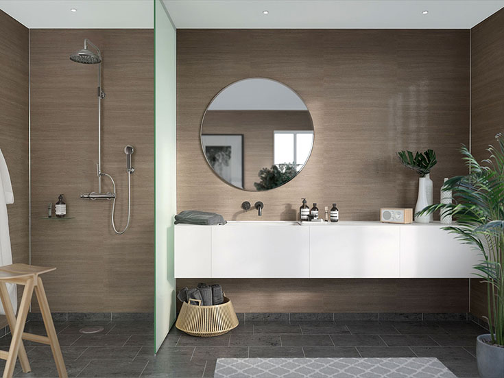 Laminated oak style bathroom wall panels | Innovate Building Solutions | #LaminatePanels #BathroomWallPanels #FauxTile #TileShower