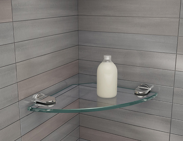 Contemporary glass corner shelf | Innovate Building Solutions | #CornerShelf #BathroomRemodel #SoupHolder