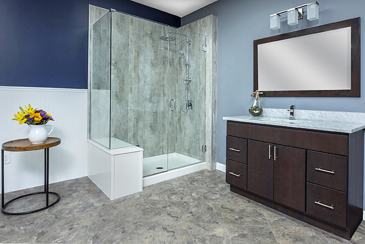 Cracked cement laminate wall panels credit simple bath columbus | Innovate Building Solutions | Simple Bath | #LaminateWallPanels #SimpleBath #BathroomRenovation