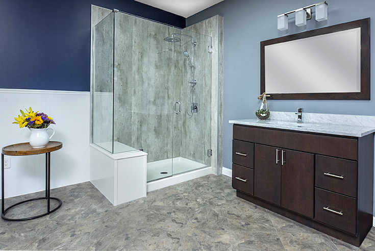 Cracked cement laminate wall panels simple bath columbus | Innovate Building Solutions | Simple Bath | #BathroomRemodel #SimpleBath #ColumbusOhio