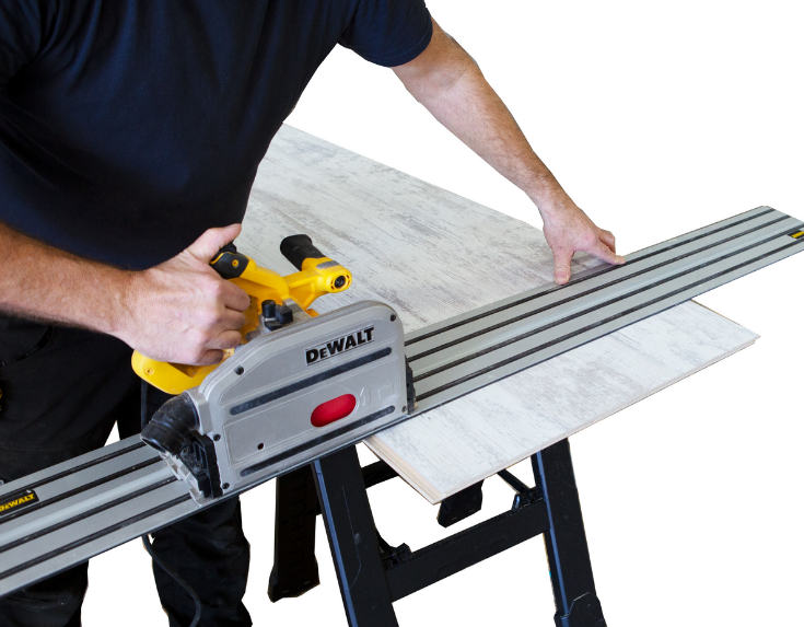 Cutting laminate wall panels with a tract saw | Innovate Building Solutions | #TractSaw #BathroomRemodeling #LaminateWallPanels #SimpleInstallation