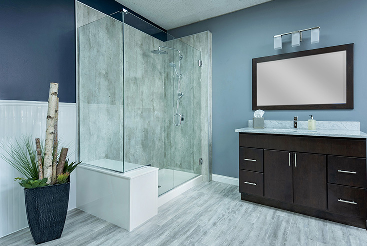 Cracked cement DIY laminate wall panels - simple bath | Innovate building Solutions | #BathroomRemodel #Laminatewallpanels #CrackedCement #DIYShowerInstall