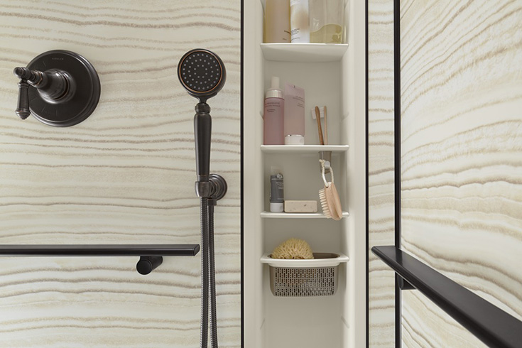 Koher Choreograph shower locker for more storage | Innovate Building Solutions | #KohlerWallPanels #BathroomRemodel #DIYShowerRemodel