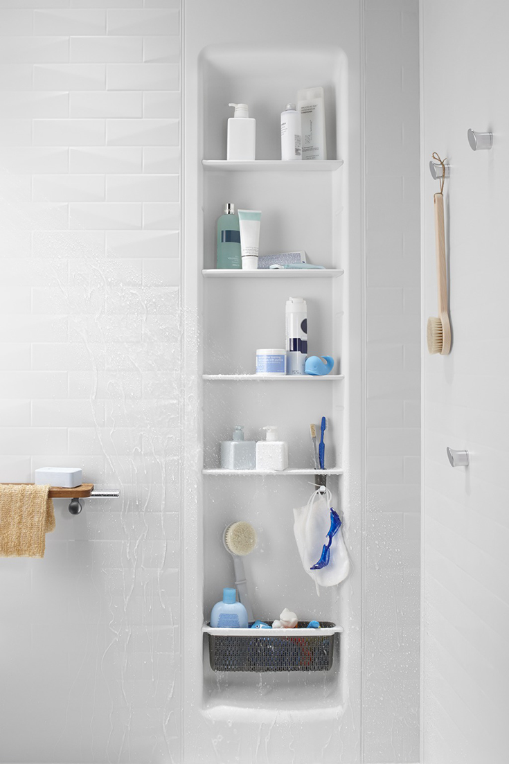 Kohler choreograph shower locker with adjustable shelves | Innovate Building Solutions | #KohlerChoreograph #ShowerAccessories #AdjustableShelves