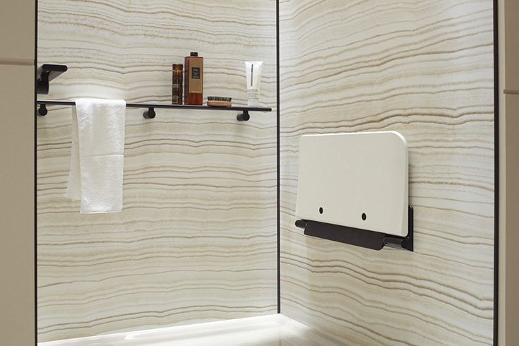 Kohler - shower shelf storage in a Choreograph shower | Innovate Building Solutions | #KohlerWallPanels #KohlerAccessories #BathroomRemodeling #BathroomProducts