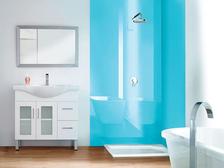 Light blue high gloss acrylic shower wall panels | Innovate Building Solutions | #HighGloss #WallPanels #Lustrolite