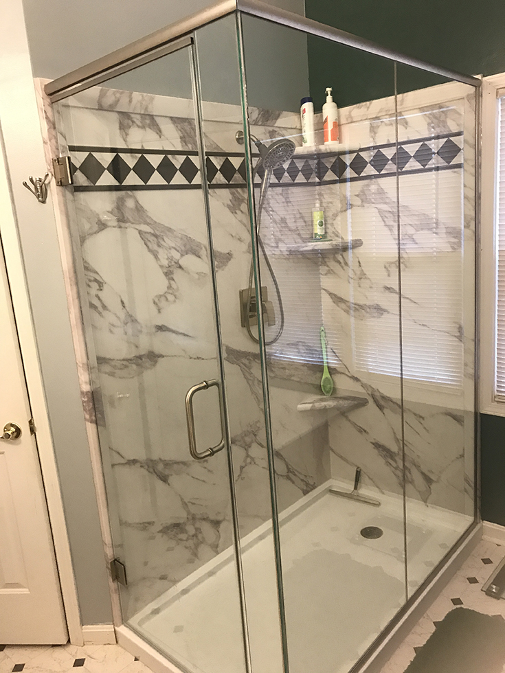 PVC composiste calcutta marble faux shower wall panels | Innovate Building Solutions | #PVCWallPanels #ShowerWallPanels #BathroomRemodel