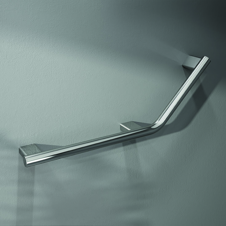 Chrome over brass 135 degree contemporary grab bar | Innovate Building Solutions | #GrabBar #ContemporaryGrabBar #BathroomRemodel #HandicapAccessibleShower