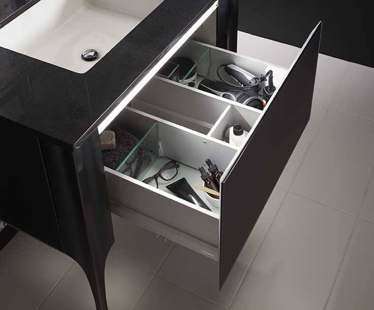 Contemporary vanity with a pull out drawer for your blow drier | Innovate Building Solutions | #ContemporaryVanity #BathroomRemodel #VanityTop