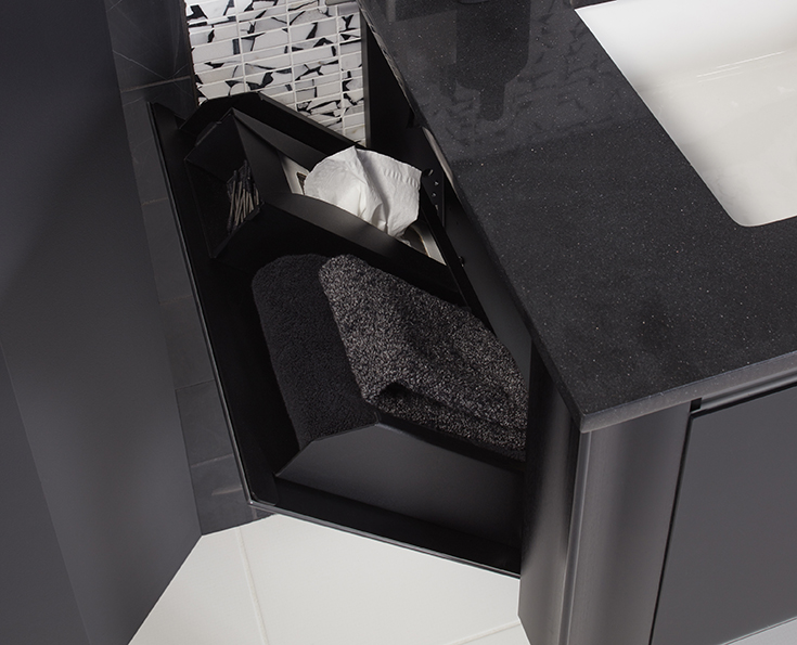 Fold down vanity drawer for towel and kleenex storage | Innovate Building Solutions | #FoldDownVanity #Vanity #BathroomVanity #TowelDrawer