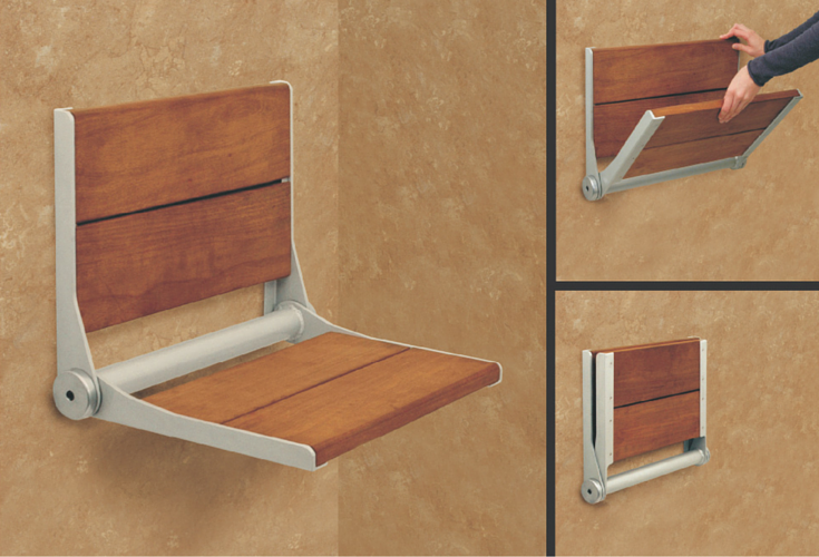 Teak fold down seat with brushed nickel finish | Innovate Building Solutions | #folddownseat #bathroomseating #bushedNickel