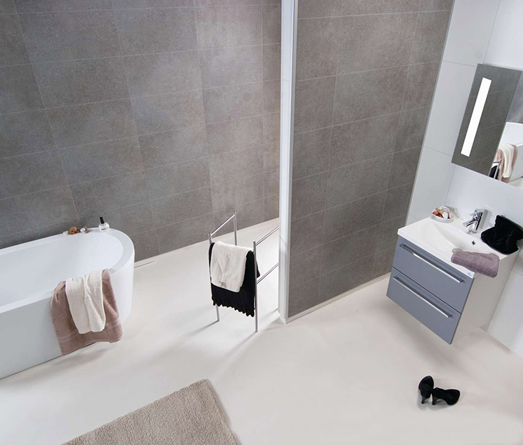 matte finished concrete gray laminate shower wall panels | Innovate Building Solutions | #Laminatewallpanels #ShowerWallpanels 