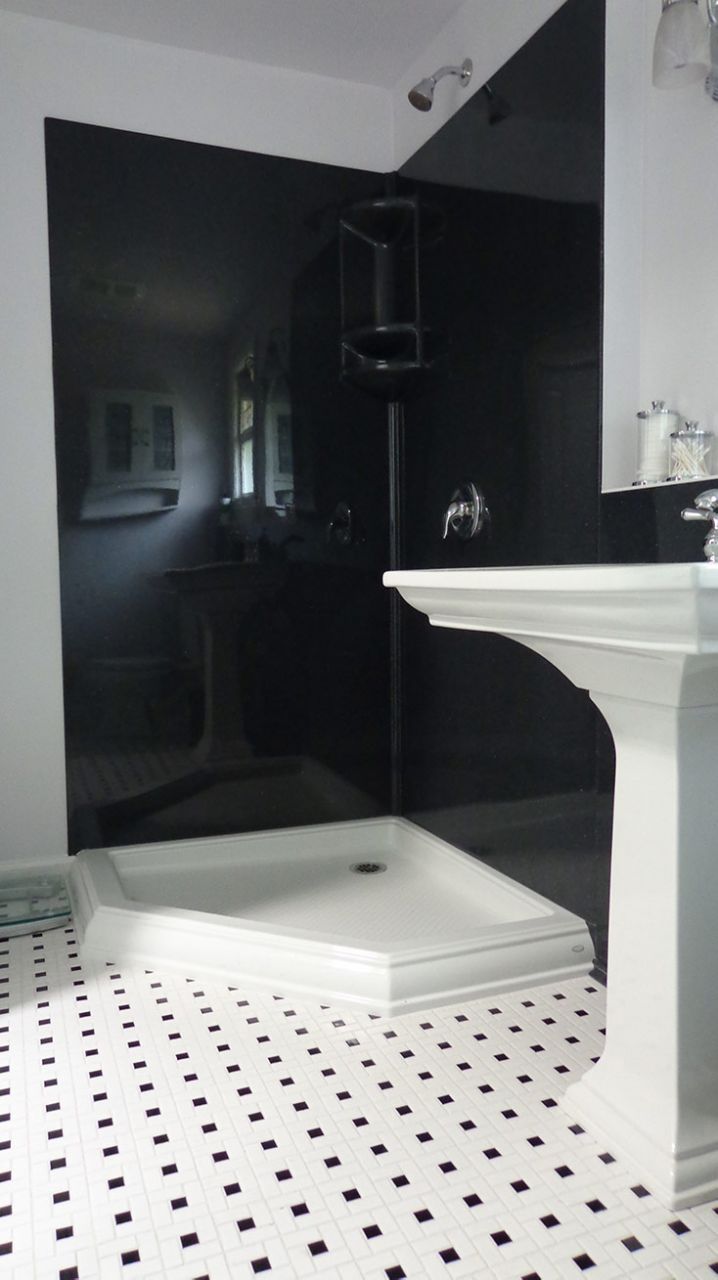 black cultured granite corner shower wall panels | Innovate building Solutions | #BathroomWallpanels #Culturedgranitebase #solidsurfacebase