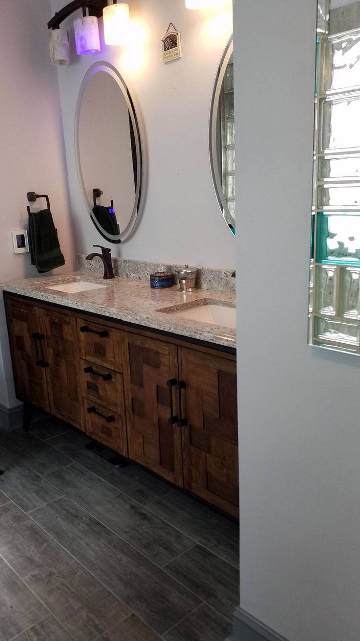 Furniture grade vanity in a custom bath remodel in North Carolina | Innovate Building Solutions | #Vanity #CustomBathRemodel #NorthCarolinaBathroom