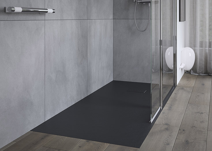 Grout less barrier free one level matte block shower pan | Innovate Building Solutions | #RollInShower #OneLevelShower #HandicapShower