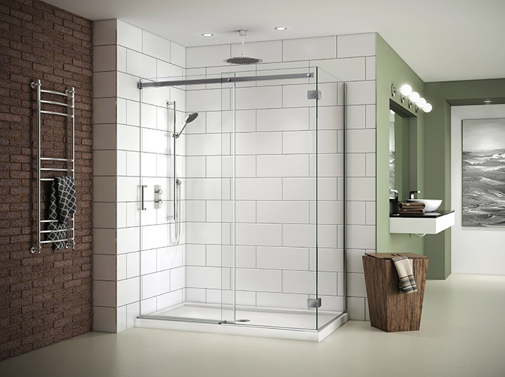 Contemporary bypass sliding glass door in a corner shower | Innovate Building Solutions | #SlidingDoor #GlassDoor #CornerShower