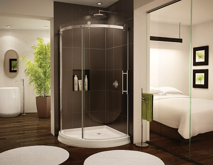 arced shower base and glass with sliding glass doors | Innovate Building Solutions | #GlassShowerDoor #GlassDoor #CurvedGlassDoor