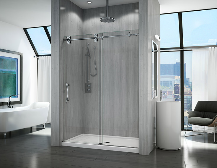 frameless glass shower with thick glass and a roller system | Innovate Building Solutions | #FrameGlassDoor #GlassDoor #ShowerDoor 