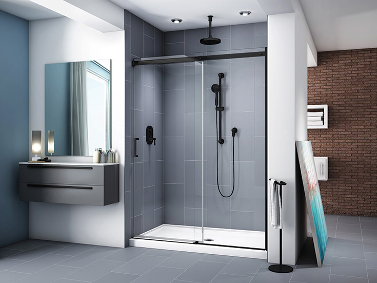 in line semi frameless matte black sliding shower door system | Innovate Building Solutions | #SemiFrameless #GlassDoor #FramlessDoor