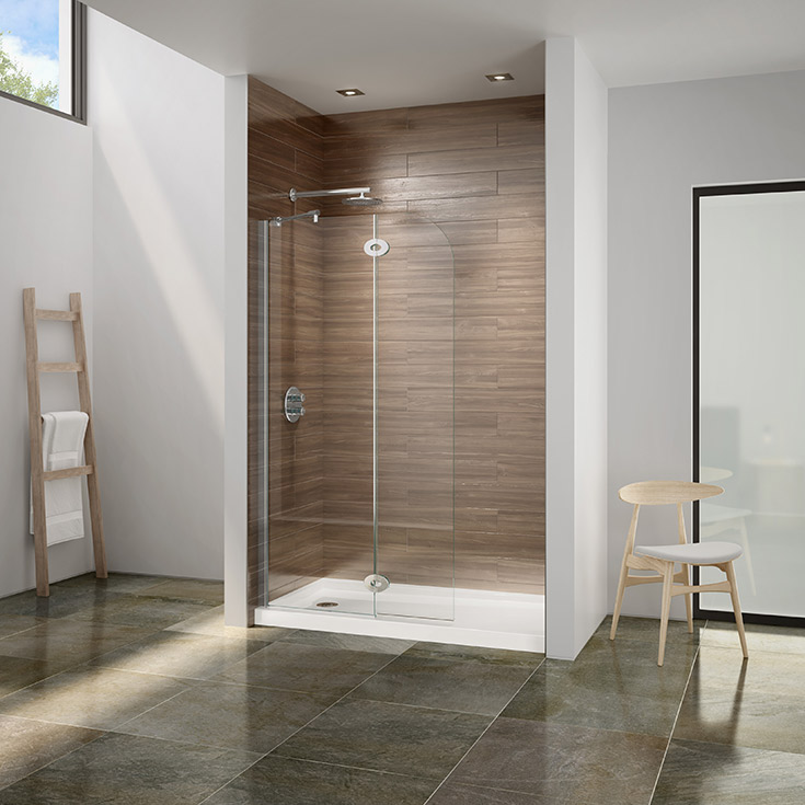 pictured glass shower shield with a round top | Innovate Building Solutions | #GlassDoor #ShowerDoor #GlassEnclosure #WalkInShower