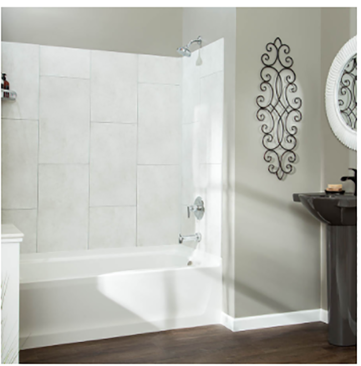 Dumawall in a vertical tile pattern around a tub credit www.dumawall-us.com | #WallPanels #Tile #ShowerTile #NoGrout