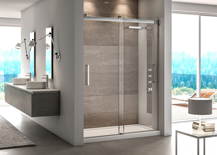 Factor 1 sliding bypass frameless shower door | Innovate Building Solutions | #slidingdoor #glassdoor #bathroom #Framelessshower