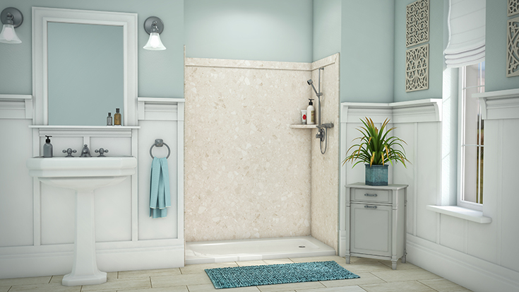 Step 3 80 inch high PVC composite calabria pattern shower wall panel system | Innovate Building Solutions | #PVCWallpanels #ShowerWallpanels #Bathroomremodel
