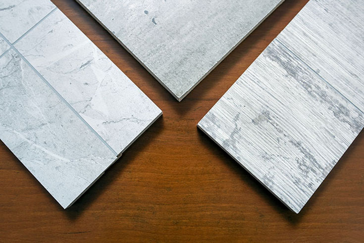 Step 7 samples laminate wall panels white marble and abby shale | Innovate Building Solutions | #LaminateWallPanels #FiboPanels #Bathroomremodel