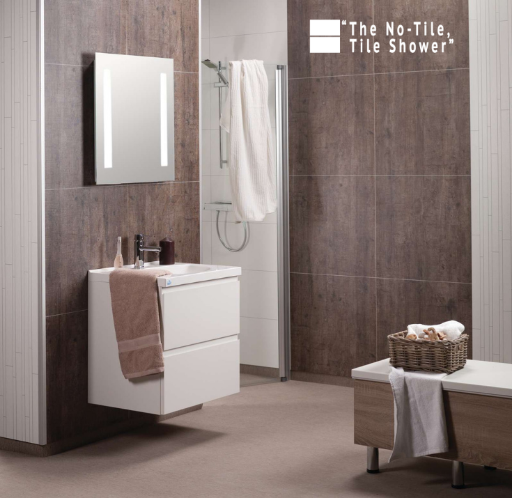 Step 8 large format faux rough wood laminate shower wall panels contemporary bathroom | Innovate Building Solutions | #LaminateWallPanels #ShowerRemodel #bathroomremodel 