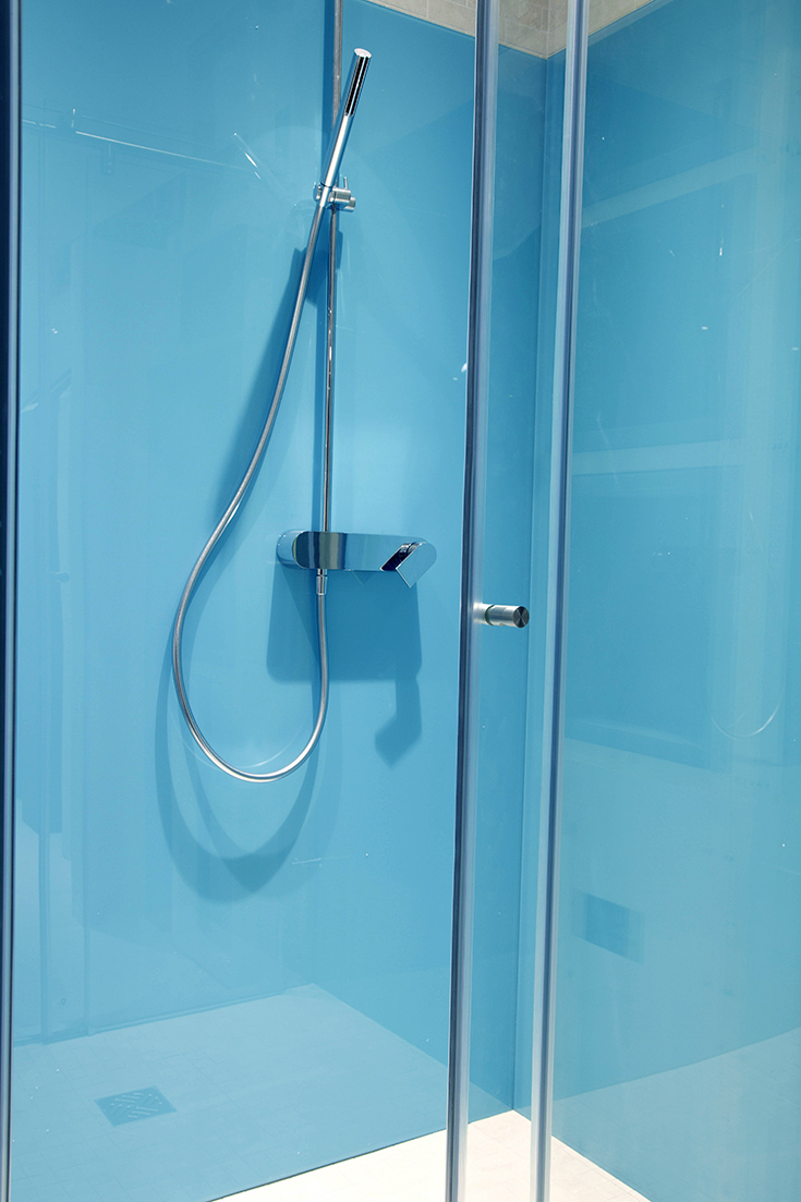 Smart bathroom idea 7 light blue high gloss acrylic shower wall panels | Innovate Building Solutions | #HighGloss #BlueBathroom #ShowerRemodel