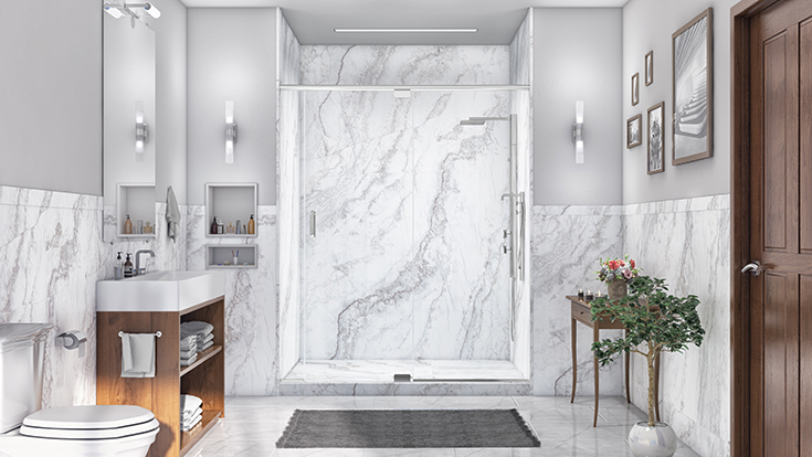 FAQ 7 idea 4 PVC composite DIY grout free marble look shower wall panels | Innovate Building Solutions | #PVCComposite #ShowerPan #BathroomWalls #ShowerWalls