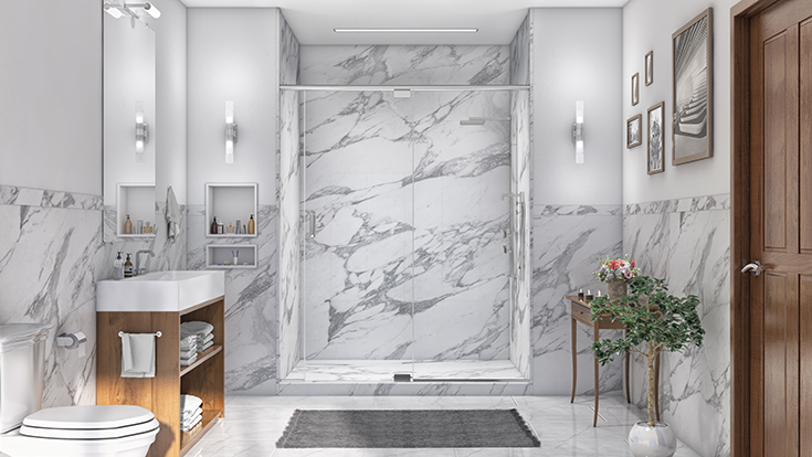 Alternative 2 calcutta white PVC composite shower wall panels and base | Innovate Building Solutions | #CalcuttaWhite #Shower #Wallpanels BathroomRemodel